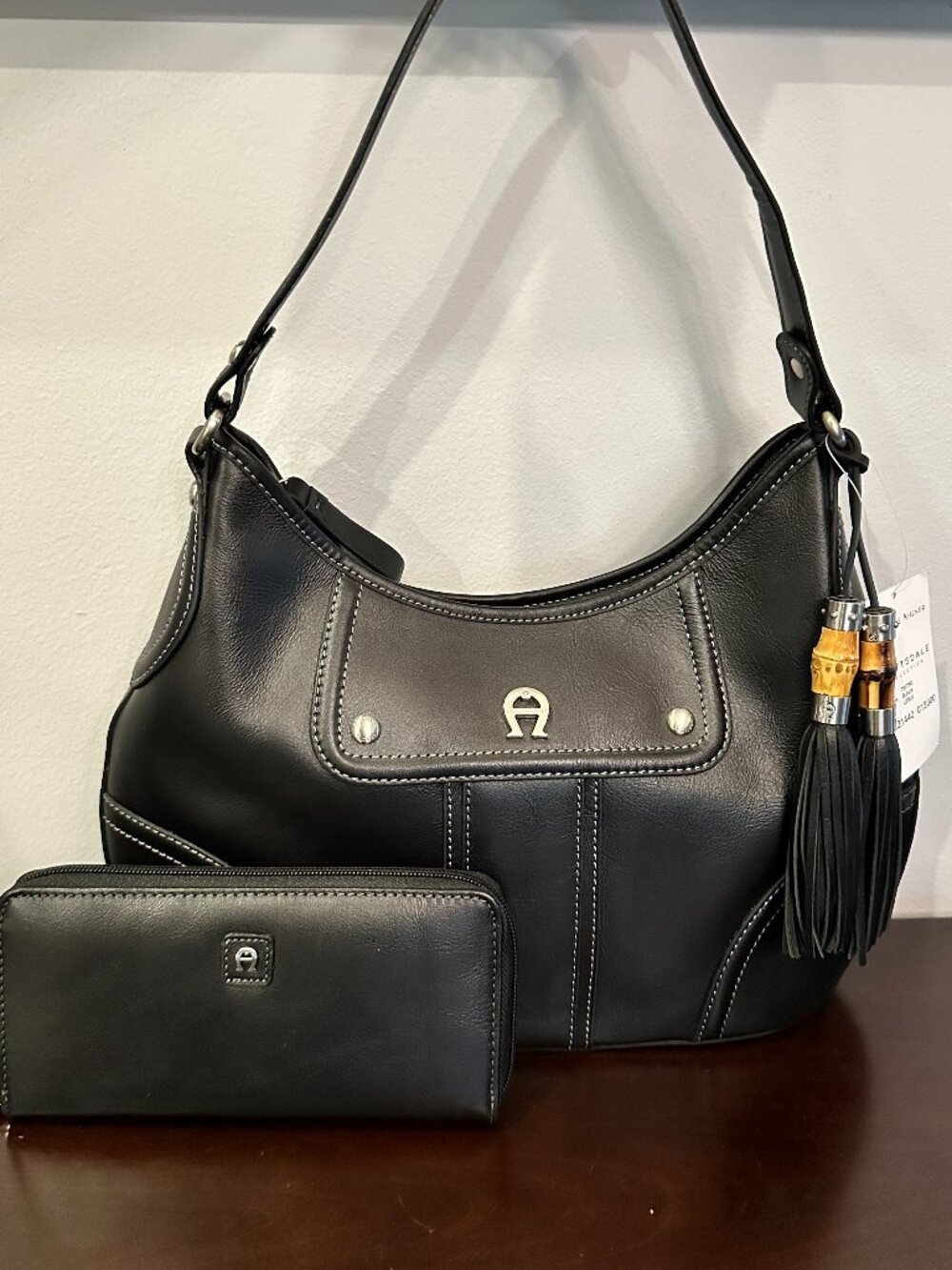 NWT ETIENNE AIGNER Scottsdale Collection Black Leather Bag And Wallet Set Bamboo